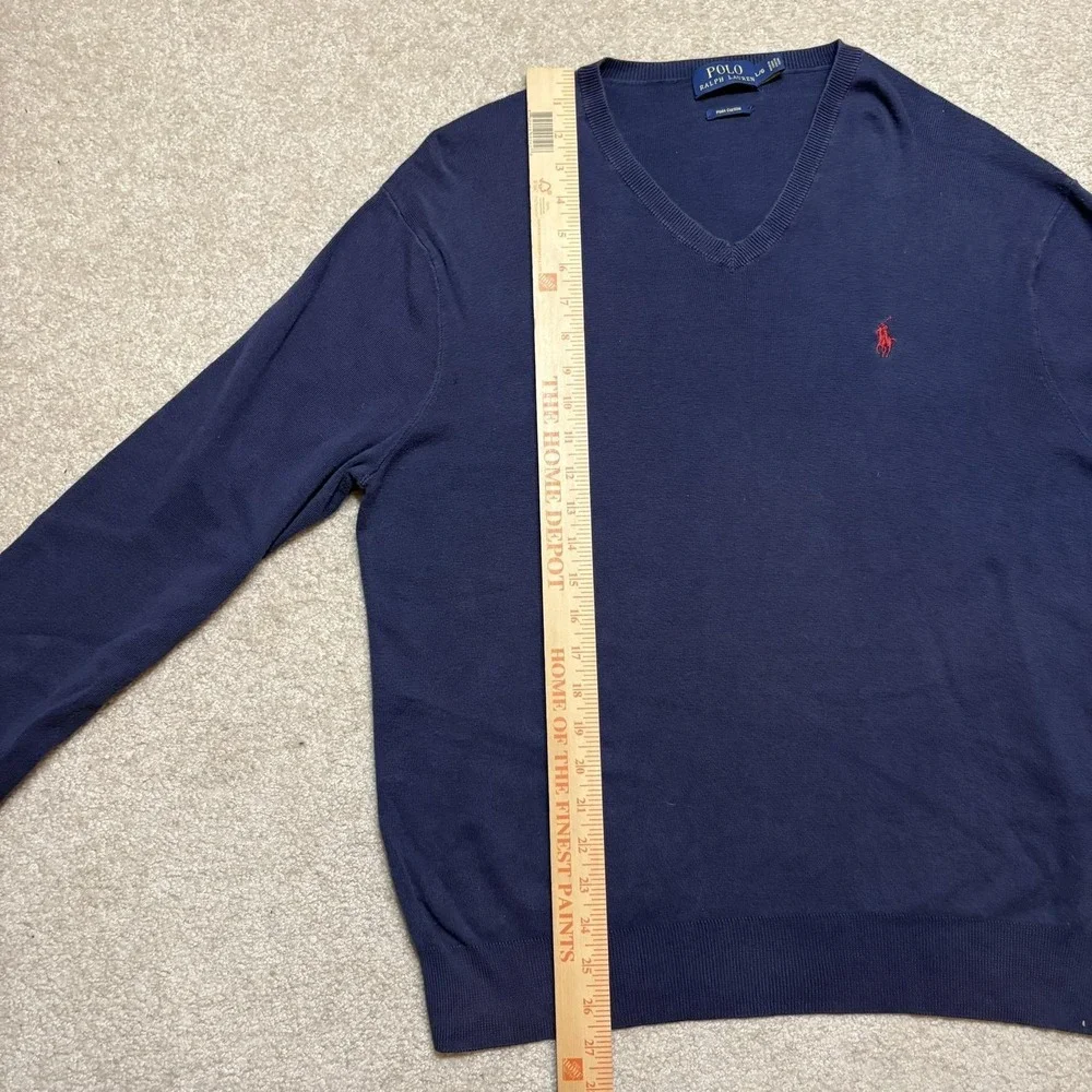 Polo Ralph Lauren Sweater Mens Large Navy Blue Pima Cotton V Neck Pony Logo